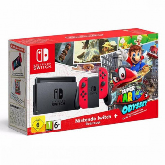 Комплект Nintendo Switch (неоновый красный) + Super Mario Odyssey фото